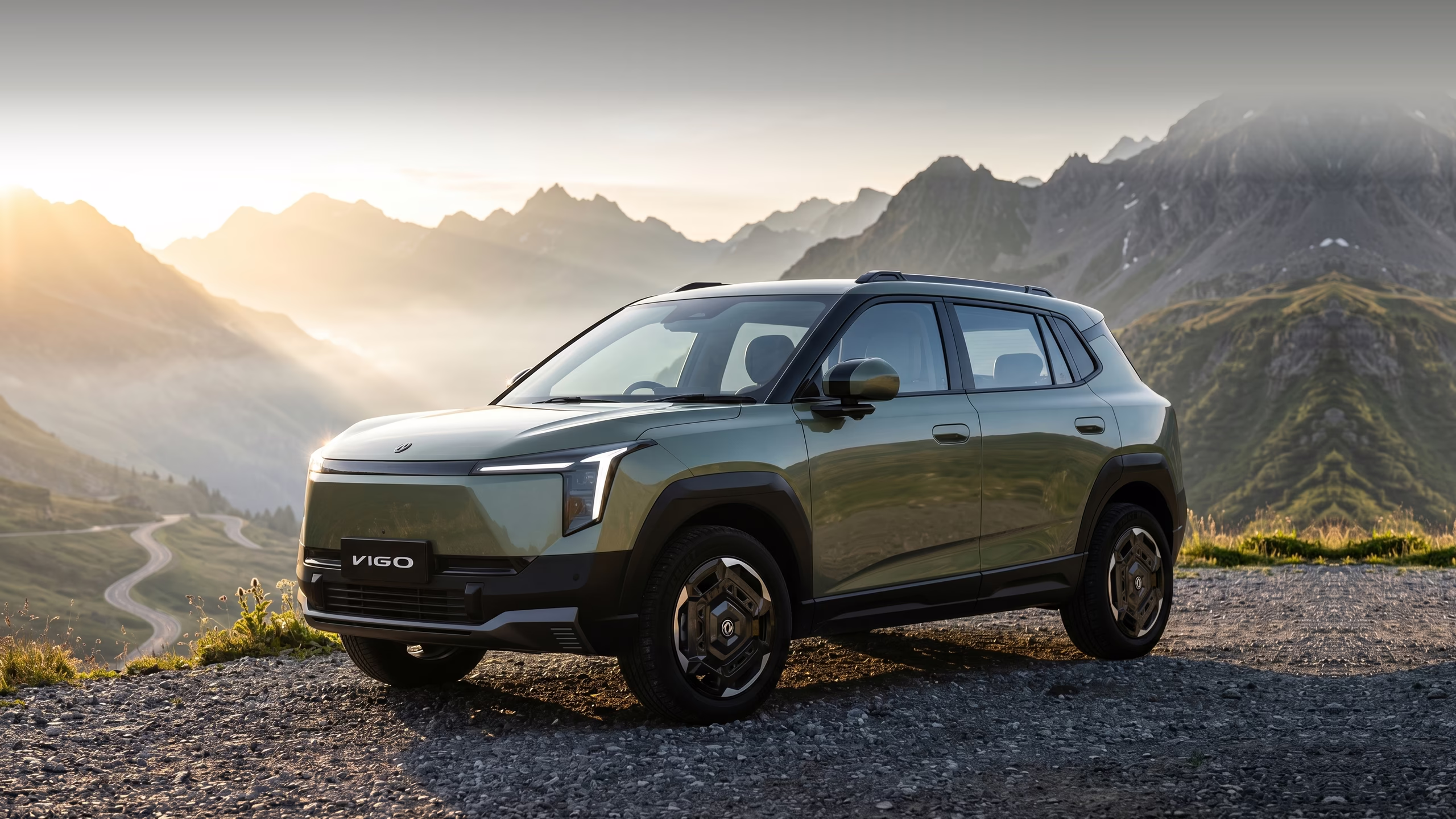 Dongfeng 06 SUV parked on a mountain pass at sunrise